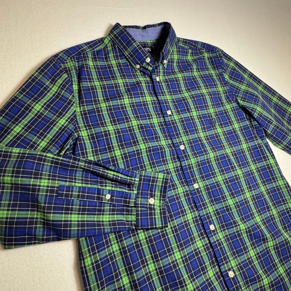 Chaps Mens Button Down Shirt Large Blue Green Plaid Long Sleeve Ivy League